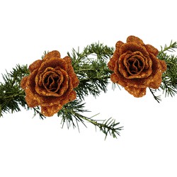 2x stuks kerstboom bloemen roos koper glitter op clip 10 cm - Kersthangers