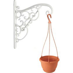 Witte sierlijke bloempothanger met hangende terracotta bloempot 1,2 liter - Plantenpotten