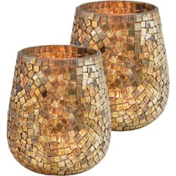 Set van 2x stuks glazen design windlicht/kaarsenhouder mozaiek champagne goud 15 x 13 cm - Waxinelichtjeshouders