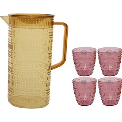 Gele schenkkan/waterkan/sapkan/limonadekan set met 4 roze glazen - Schenkkannen