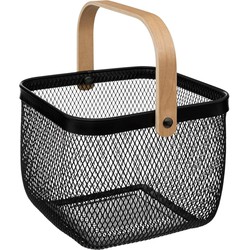 5Five draadmand/fruitschaal Mayai¿½ - vierkant - zwart - 26 x 26 x 18 cm - metaal/hout - keuken mand - Fruitschalen