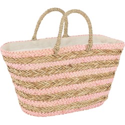 J-line - Strandtas Kort Handvatten Horizontale Strepen Jute Naturel/licht Roze - 53x22x46cm