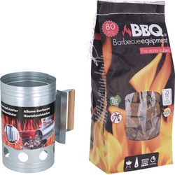 BBQ briketten/houtskool starter met houten handvat 27 cm met 80x BBQ aanmaakblokjes - Brikettenstarters