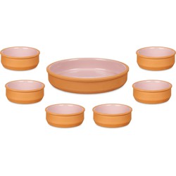 Set 7x tapas/creme brulee schaaltjes - terra/roze - 6x 12 cm/1x 23 cm - Snack en tapasschalen