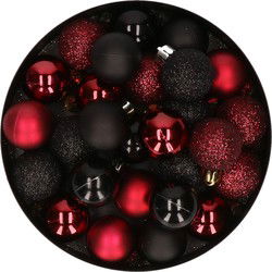 Kleine kerstballen - 28x st - zwart/donkerrood - D3 cm - kunststof - Kerstbal