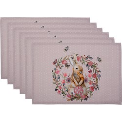 Clayre & Eef Placemats Set van 6  48x33 cm Wit Roze Katoen Rechthoek Konijn Bloemen Tafelmat