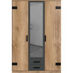 Kast met 2 deuren, eikenhouten decor, 1 spiegeldeur en 2 laden - H198 cm