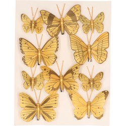 10x stuks decoratie vlinders op clip glimmend goud 7 x 5 cm / 4 x 3 cm - Kersthangers