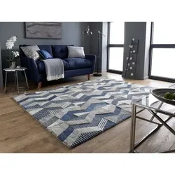 Asher vloerkleed - Laagpolig - 100% Wol - Geo Modern - Blauw - 120 X 170 CM