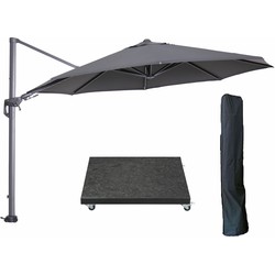 Garden Impressions Hawaii zweefparasol Ø350 cm carbon black / donker grijs met 90kg royal antraciet parasolvoet en parasolhoes