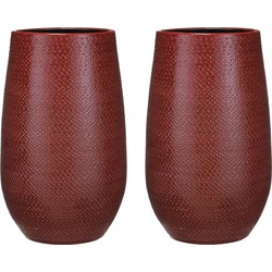 Set van 2x stuks bloempotten vazen bordeaux rood ribbels keramiek voor bloemen of plant H35 x D21 cm - Vazen