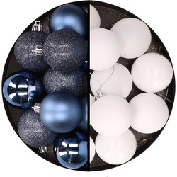 24x stuks kunststof kerstballen mix van donkerblauw en wit 6 cm - Kerstbal