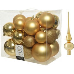 Kerstversiering kunststof kerstballen met piek goud 6-8-10 cm pakket van 27x stuks - Kerstbal