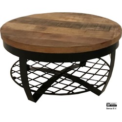 Benoa Davis Iron Round Coffee Table Wooden top & Iron Shelf at base 90 cm Iron Stand Black Finish & Wood Natural Finish