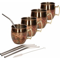 4x Cocktailbeker/cocktailglas Moscow Mule set met rietjes 450 ml antiek koper - Cocktailglazen