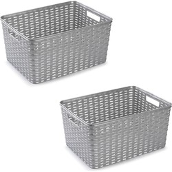 2x Kunststof geweven opbergbakken/opbergmanden zilver 18 liter - Opbergbox