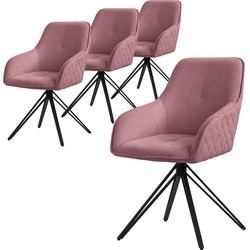 Draaibare eetkamerstoel set van 4 oudroze textiel geweven stoffen keukenstoel met rugleuning en armleuningen ML design