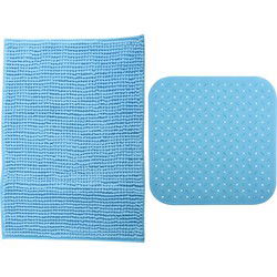 MSV Douche anti-slip mat en droogloop mat - Sevilla badkamer set - rubber/microvezel - lichtblauw - Badmatjes