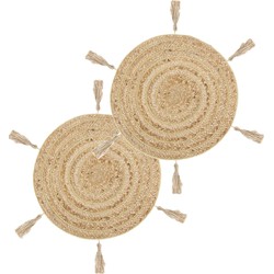 Set van 4x stuks ronde placemats raffia met franjes naturel 38 cm - Placemats