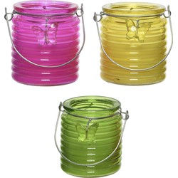 Citronella kaars - 3x - in windlicht - roze/geel en groen - 20 branduren - citrusgeur - geurkaarsen