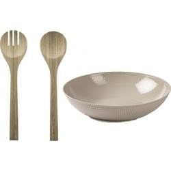 Plastic Forte Slakom/schaal met bamboe slacouvert - Kunststof - D30 cm - Saladeschalen