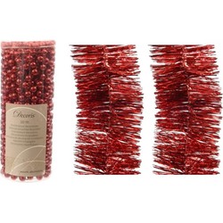 Kerstversiering set van 2x stuks folieslingers en 1x stuks kralenslingers rood - Kerstslingers