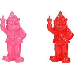 2x Staande tuinkabouters roze/rood middelvinger 30 cm - Tuinbeelden
