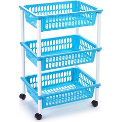 Opberg trolley/roltafel/organizer met 3 manden 40 x 30 x 61,5 cm wit/lichtblauw - Opberg trolley