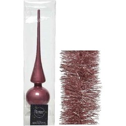 Kerstversiering glazen piek glans 26 cm en folieslingers pakket oud roze van 3x stuks - kerstboompieken