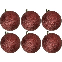 6x stuks kunststof glitter kerstballen donkerrood 6 cm - Kerstbal