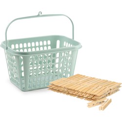 Wasknijpers ophangmandje met haak - mintgroen - gevuld met 120x houten wasknijpers 7 cm - was ophangen - knijperszakken