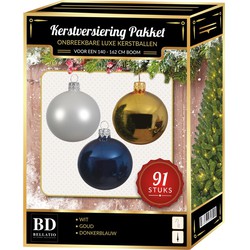 Gouden/witte/donkerblauwe kerstballen pakket 91-delig voor 150 cm boom - Kerstbal