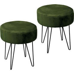 Unique Living Kruk Davy - 2x - velvet - groen - metaal/stof - D35 x H40 cm - Krukjes