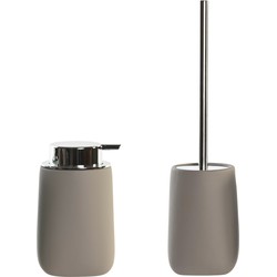 Toiletborstel in houder 41 cm met zeeppompje 14 cm taupe/beige - Badkameraccessoireset