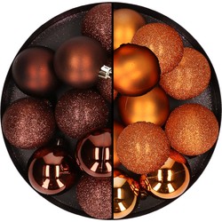 24x stuks kunststof kerstballen mix van donkerbruin en oranje 6 cm - Kerstbal