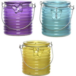 Citronella windlicht met kaars - 3x - paars/blauw en geel - 20 branduren - citrusgeur - geurkaarsen