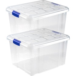 2x stuks opslagboxen/bakken/organizers met deksel 25 liter 42 x 36 x 25 cm transparant - Opbergbox