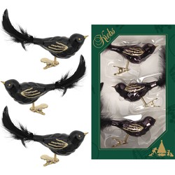 3x stuks luxe glazen decoratie vogels op clip zwart 11 cm - Kersthangers