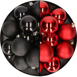 24x stuks kunststof kerstballen mix van zwart en rood 6 cm - Kerstbal