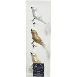 3x stuks glazen decoratie vogels op clip champagne/wit/bruin 8 cm - Kersthangers