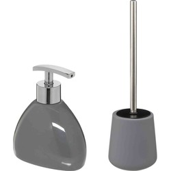 WC-/toiletborstel en houder - zandsteen grijs - met zeeppompje - Badkameraccessoireset