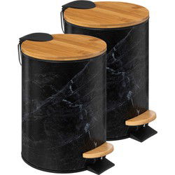 5Five Prullenbak/pedaalemmer Marmer look - 2x - zwart - 3 liter - metaal/bamboe - 17 x 25 cm - Pedaalemmers