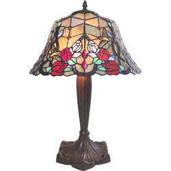 LumiLamp Tiffany Tafellamp  Ø 41x57 cm Beige Rood Glas Bloemen Tiffany Bureaulamp