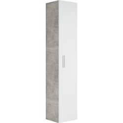 Badplaats Badkamerkast Pluto 30 x 30 x 150 cm - Beton met Wit - Hangende Kolomkast Hoog met 1 Deur