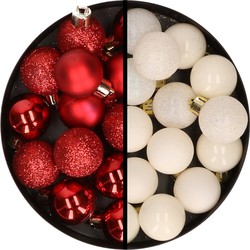 34x stuks kunststof kerstballen rood en wol wit 3 cm - Kerstbal