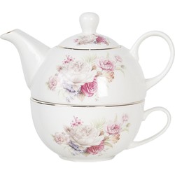 Clayre & Eef Tea for One  400 ml Wit Roze Porselein Rond Bloemen Theepot set