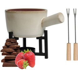 Excellent Houseware Chocoladefondue setje met houder - porselein - beige - incl. 2 vorken - Fonduebranders