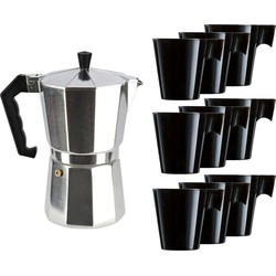 Percolator/espresso apparaat zilver met 9x zwarte kopjes/mokken - Koffiezetapparaten