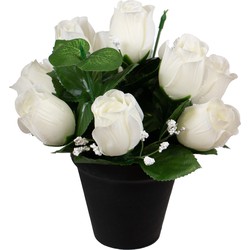 Louis Maes Kunstbloemen klein boeketje rozen in pot - wit - H25 cm - Bloemstuk - Bladgroen - Kunstbloemen