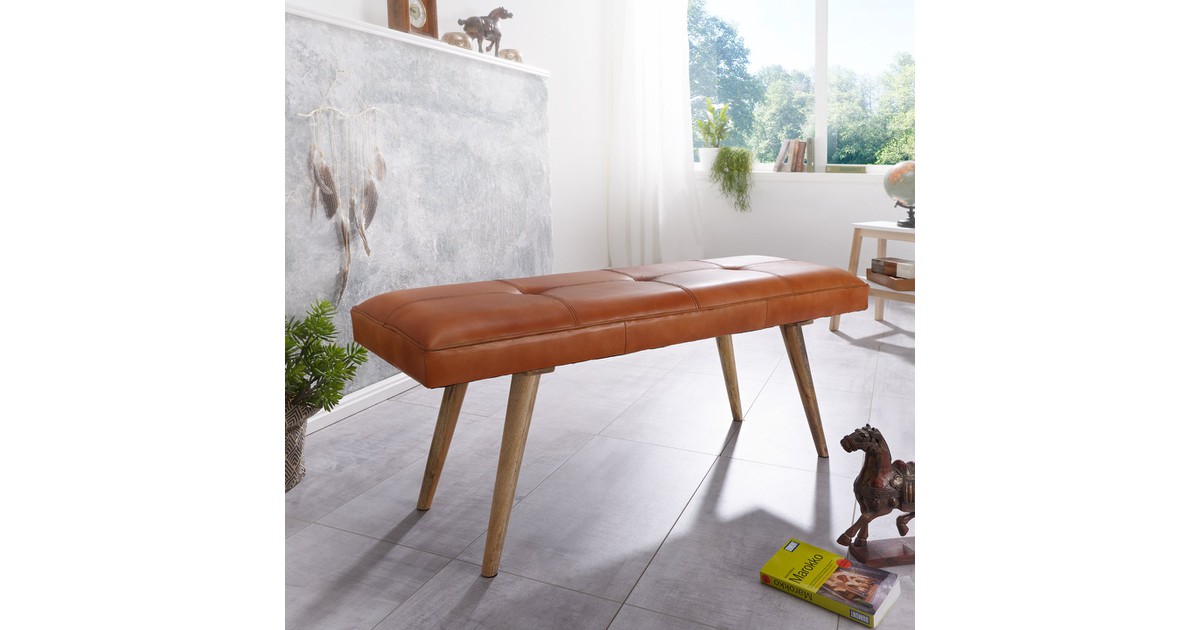 Nancy's Avenal Eetkamerbank - Gangbank - Bank - Gestoffeerde Bank - Massief Hout - Mangohout - Geitenleer - 117 x 38 x 51 cm